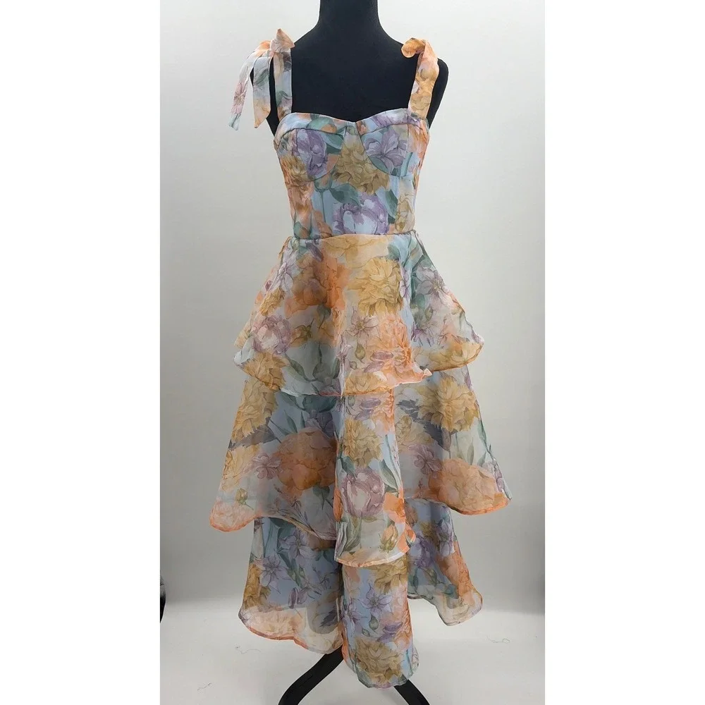 Lulus Playfully Posh Blue Floral Organza Tie-Strap Tiered Midi Dress Small NWT